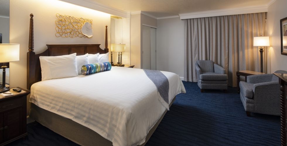 A Bedroom With A Bed And Desk In A Hotel Room