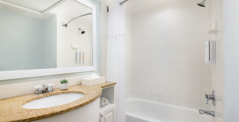 A Bathroom With A Sink And A Mirror